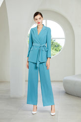 Blue Wide Leg Belted Pants Suit - FashionByTeresa
